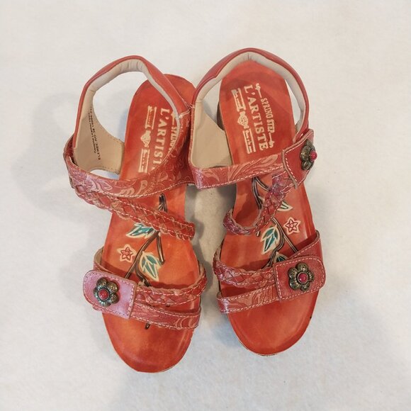 L'Artiste Spring Step Sandals Womens 7.5 Red Leather EU 38 Wedge Comfort Casual. - Picture 4 of 12